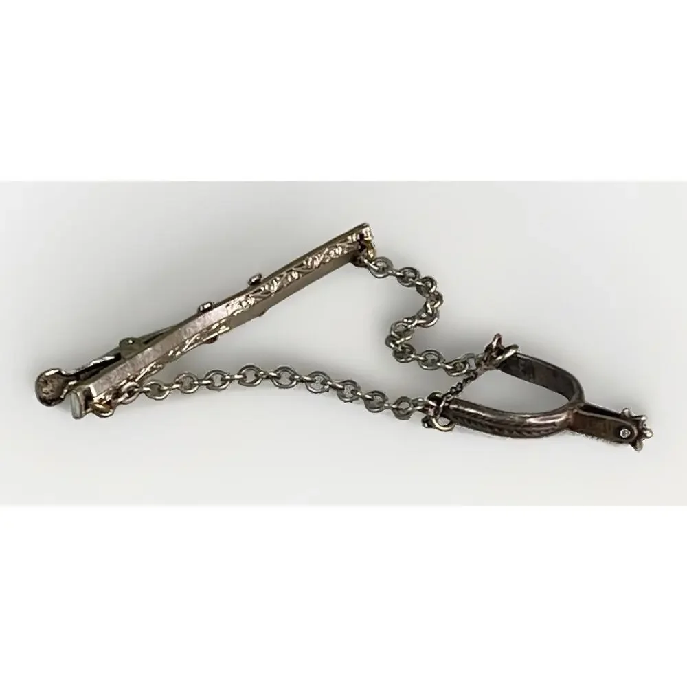 Vintage Sterling Silver Boot Spur Tie Clip Chain Silver Tone Western Cowboy 3”